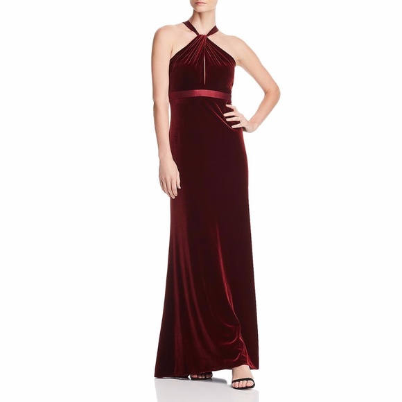 AIDAN MATTOX Velvet Satin Trim Halter Gown